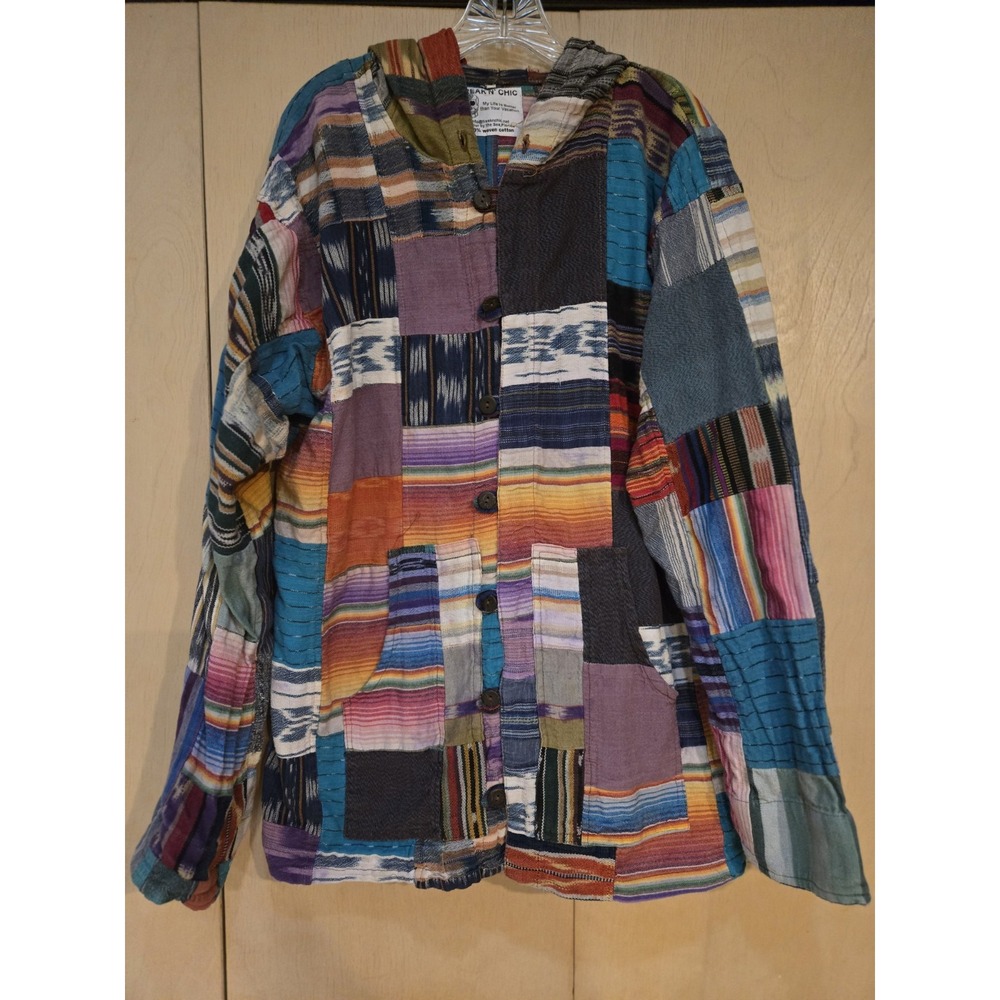 Freak N Chic Patchwork Hooded Jacket XL Boho Hippie Woven Cotton Multicolor